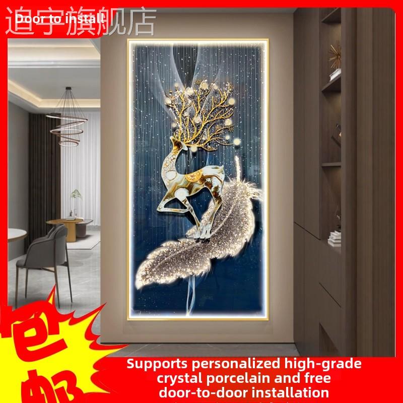 大气麋鹿入口装饰画现代随意入口过道挂画灯光豪华走廊钻石水晶瓷图片