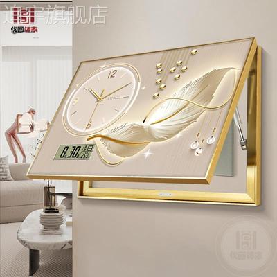 轻奢羽毛电表箱装饰画现代简约带钟表万年历遮挡配电箱电子钟挂画