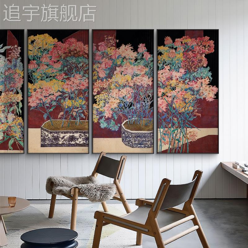 新中式花卉装饰画现代法式复古中古风古典玄关过道酒店多联挂画图片