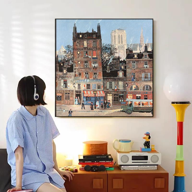 法国城市街景可爱风格插画复古高级感装饰画客厅玄关书房法式挂画
