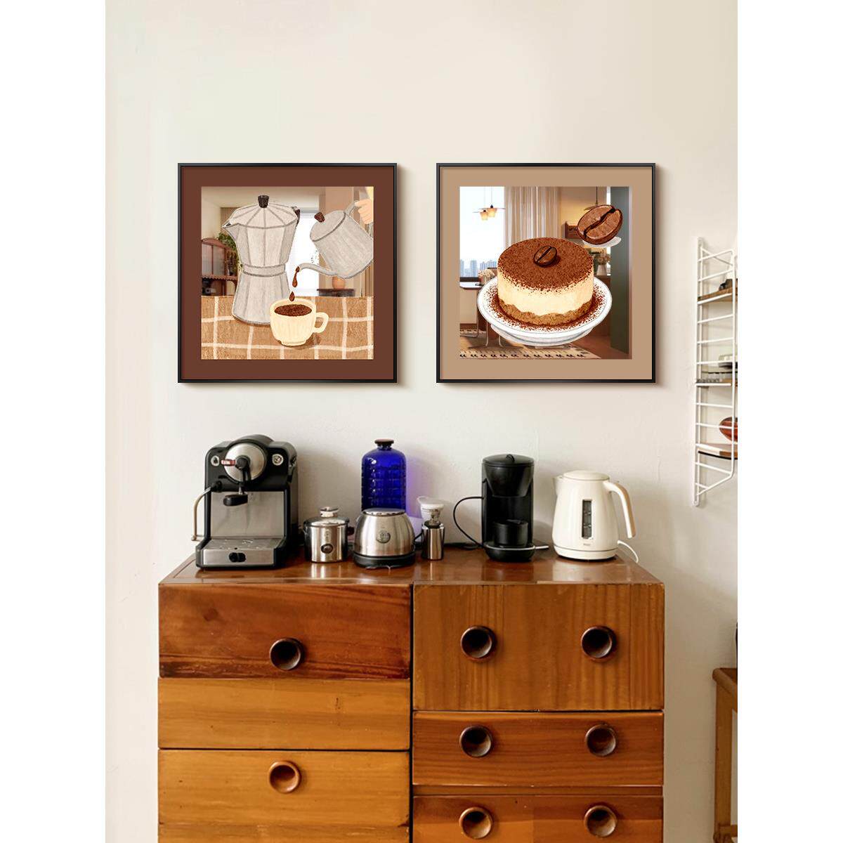 美式风格餐厅镜面画美拉德色系咖啡厅背景墙挂画覆古艺术组合壁画