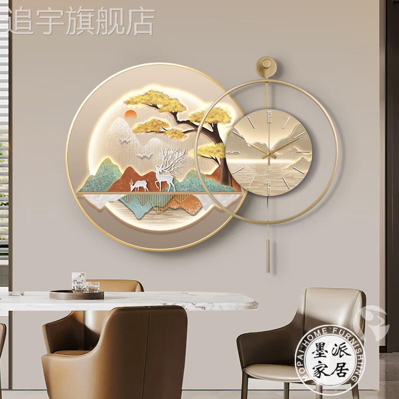 现代轻奢餐厅装饰画创意饭厅钟表挂画高档大气麋鹿客厅背景墙壁画图片