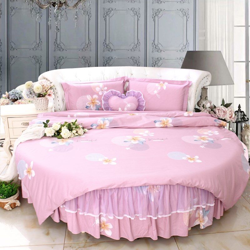 浅豆沙淡雅简约花型全棉圆床品四件套纯棉圆床单圆被套圆形床品