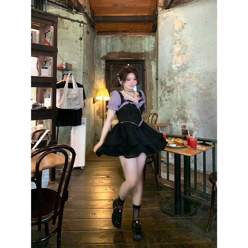 安妮不火紫鸢溺星霜魔法少女拼色连衣裙女夏季新款微胖大码公主裙