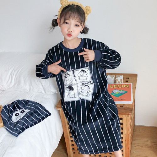 2022女童珊瑚绒睡裙秋冬季套头儿童法兰绒家居裙中小女孩长款睡衣
