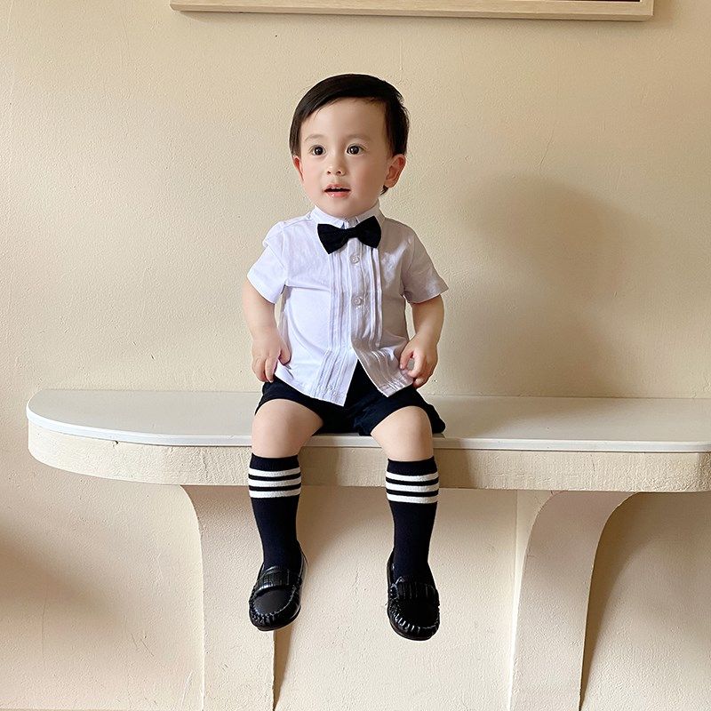 儿童Polo衫婴童周岁礼服领结衬衫短袖男宝宝英伦风绅士礼服夏款潮