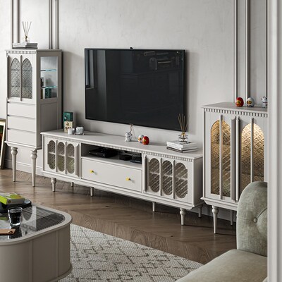 法式奶油白色轻奢高级感全实木落地电视柜茶几组合小户型客厅家用