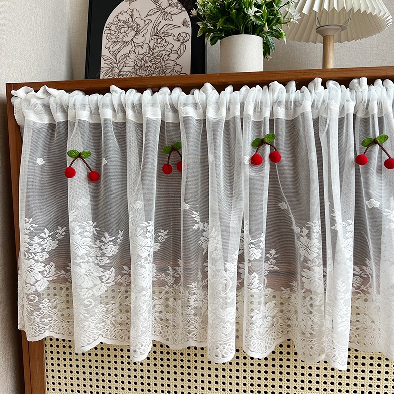 免打孔白色乡村蕾丝半帘短帘厨房门帘飘窗书柜遮丑魔纱帘送小樱桃