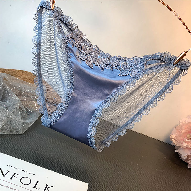 绸缎绑带镂空绣花丝滑柔软网纱透明时尚蕾丝内裤女性感三角裤低腰