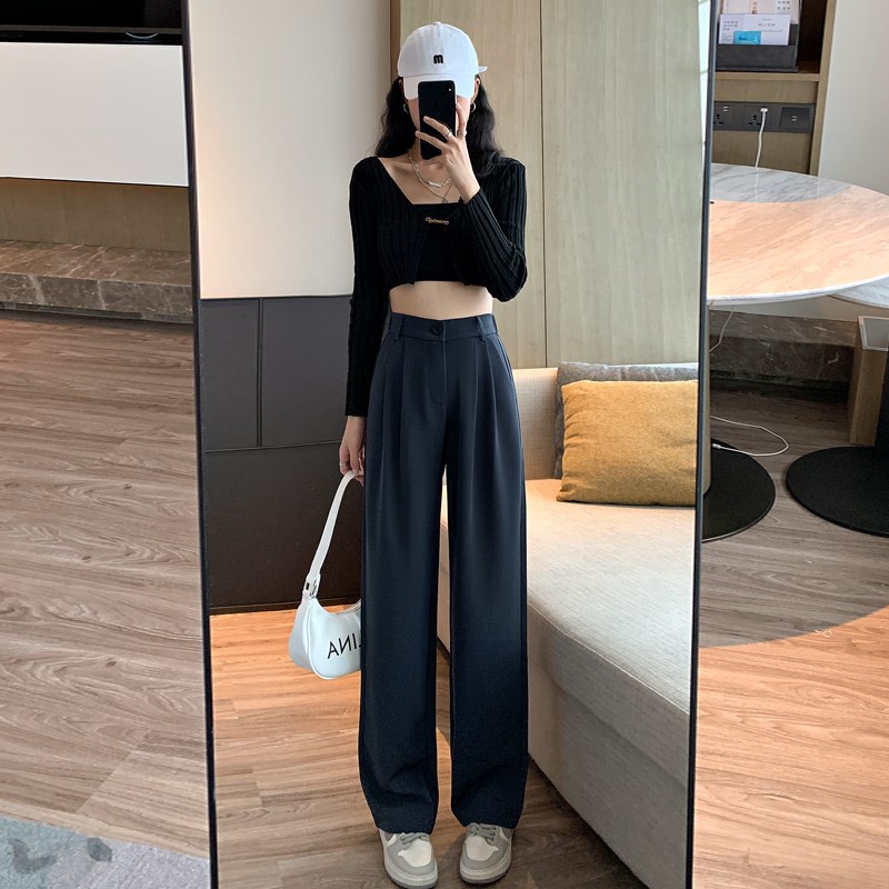 灰色西装阔腿裤女春秋小个子高腰垂感休闲直筒拖地裤长裤子xs九分