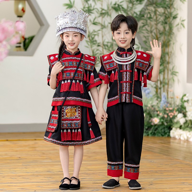 儿童演出服三月三壮族舞蹈服苗族彝族表演服男女童幼儿园少数民族