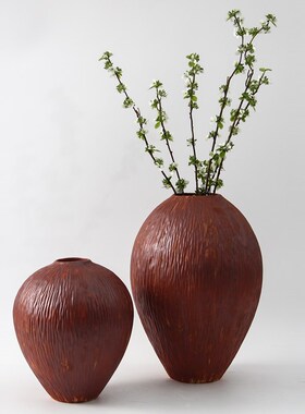 景德镇复古做旧新中式锈红色陶瓷花器花瓶摆件样板间酒店玄关装饰