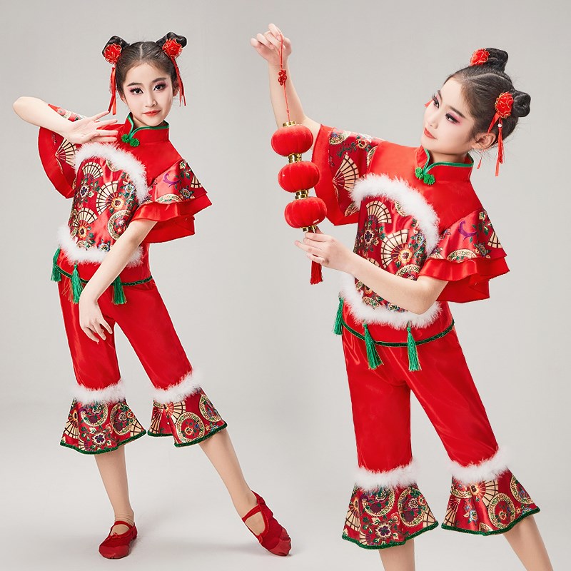 六一儿童喜庆开门红扇子舞演出服女童灯笼秧歌服中国红舞蹈表演服