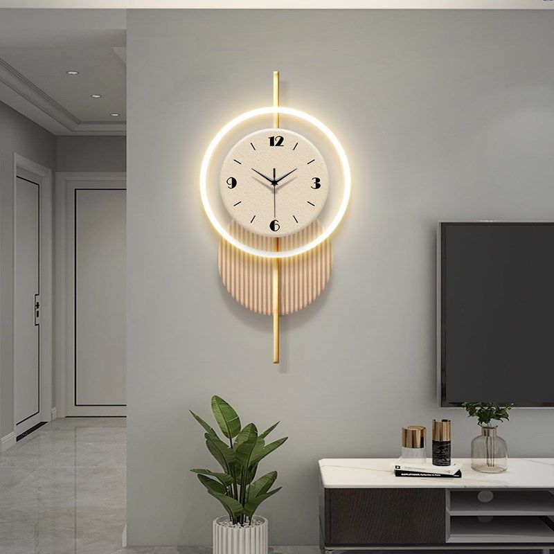 奶油风客厅创意时钟壁灯画轻奢背景墙格栅钟表装饰画餐厅发光挂画