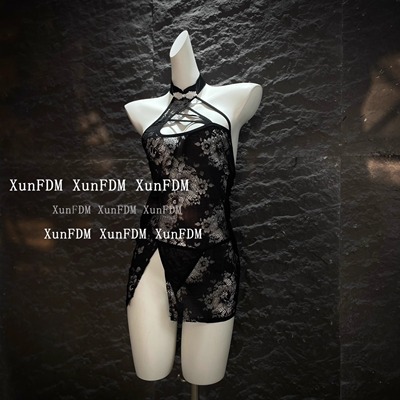 性感古风镂空透视旗袍微开衩