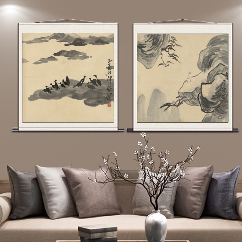 新中式客厅装饰画齐白石水墨山水画斗方挂画书房国画山水名家字画