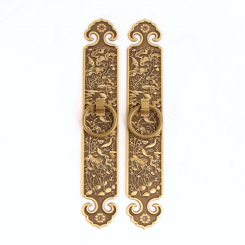 黄铜加厚浮雕大门把手中式仿古室内房门执手纯铜木门荷花门环拉手