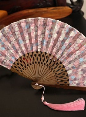 精美少女心粉紫色6寸女扇夏季折叠折扇汉服古典扇日用扇竹柄布扇