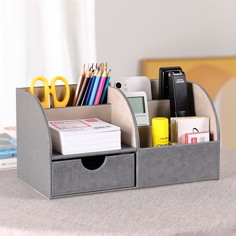 抽屉多功能笔筒创意可爱皮质桌面摆件文具收纳盒家居办公用品定制