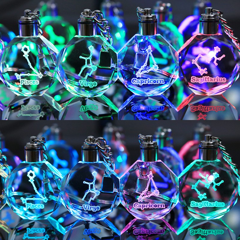 12十二星座七彩发光守护水晶钥匙扣书包挂件女孩子生日玩具小礼物