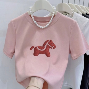 纯棉短袖t恤女红色小马印花正肩显瘦小个子正肩百搭潮流洋气上衣