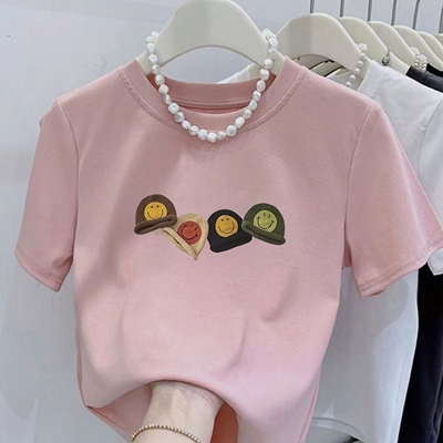 纯棉短袖t恤女四个针织帽印花正肩显瘦小个子百搭潮流洋气上衣