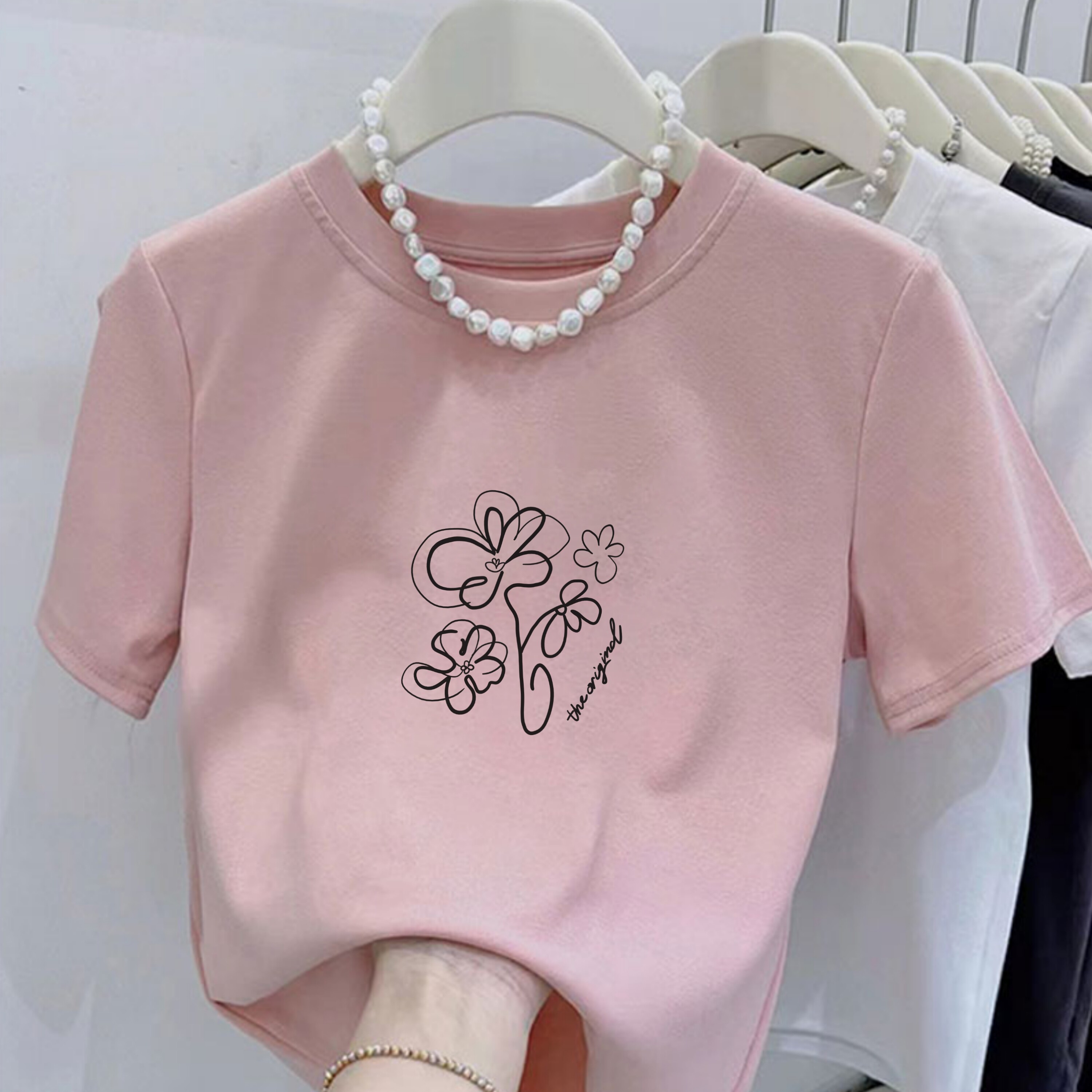 夏季新款线条小花印花纯棉圆领短袖t恤女时尚修身半袖小个子上衣