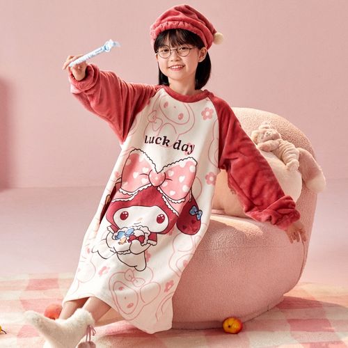 女童睡裙秋冬季法兰绒加厚长款儿童睡衣女孩珊瑚绒大X童母女家居