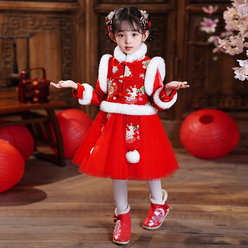 汉服女童洋装冬款儿童过年公主裙秋冬款J新年女宝拜年服裙子冬季