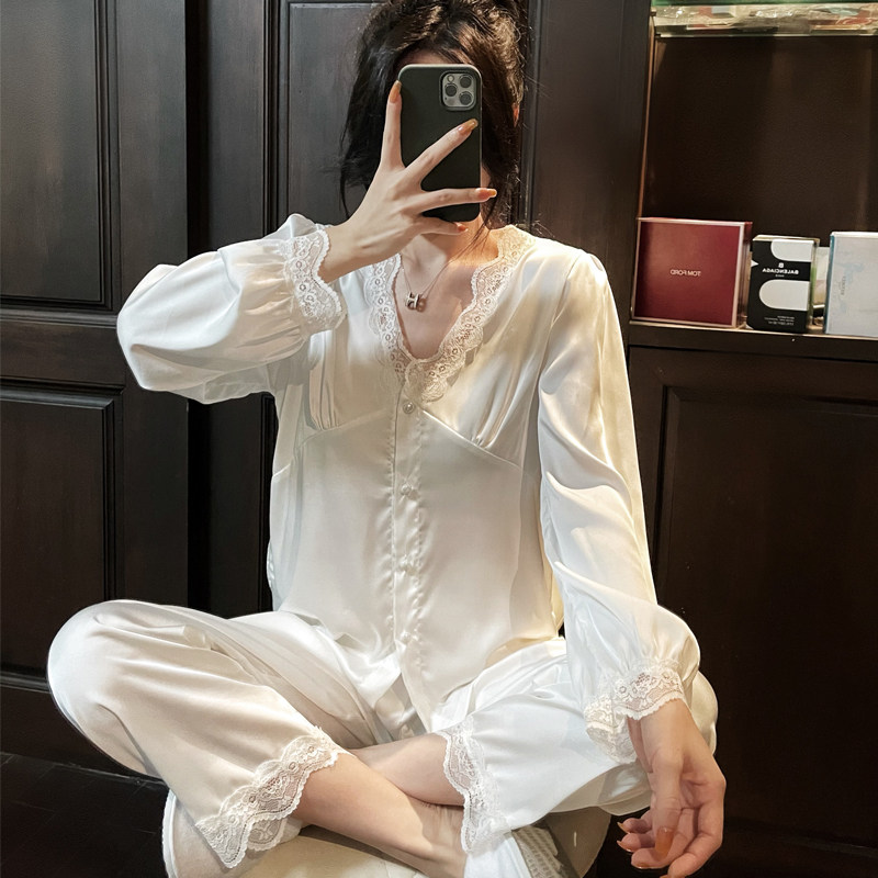 春夏睡衣绸缎丝绸冰雪丝V领蕾丝花边F公主家居服仙女甜美网红薄款