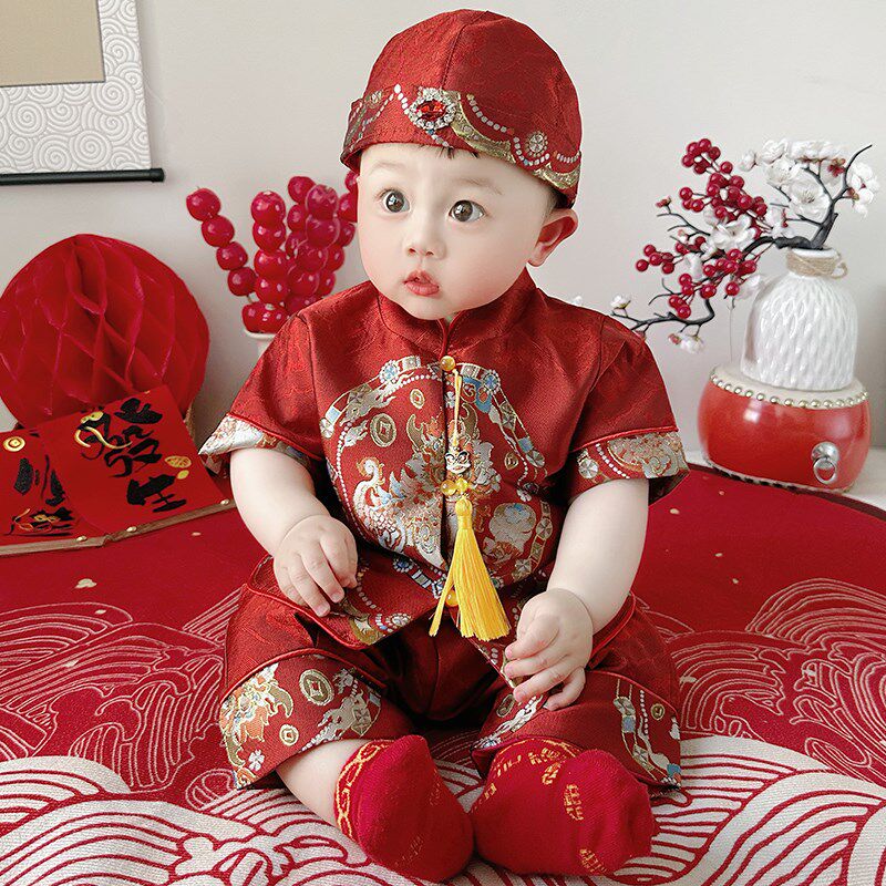 周岁礼服b男宝宝夏季男童抓周服生日百天宴喜庆衣服新中式儿童唐