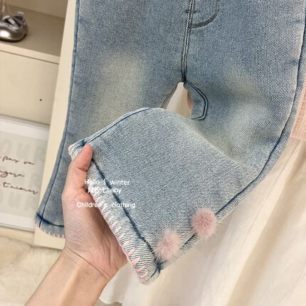 女童秋冬装牛仔裤2024新款儿童时髦女孩冬季加绒U加厚毛球喇叭裤