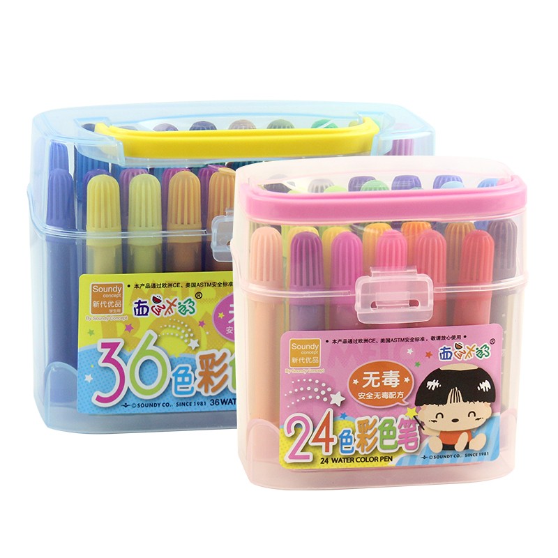 西瓜太郎24/36色粗头水彩笔套装幼儿童美B术绘画涂鸦画笔手提桶装