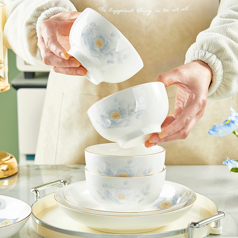 优尊陶瓷a碗家用2025新款高颜值金边米饭碗面碗汤碗可微波碗碟套