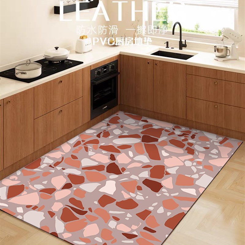 高级水磨石d皮革厨房地垫PVC防油防水大面积防滑垫免洗可裁剪 定