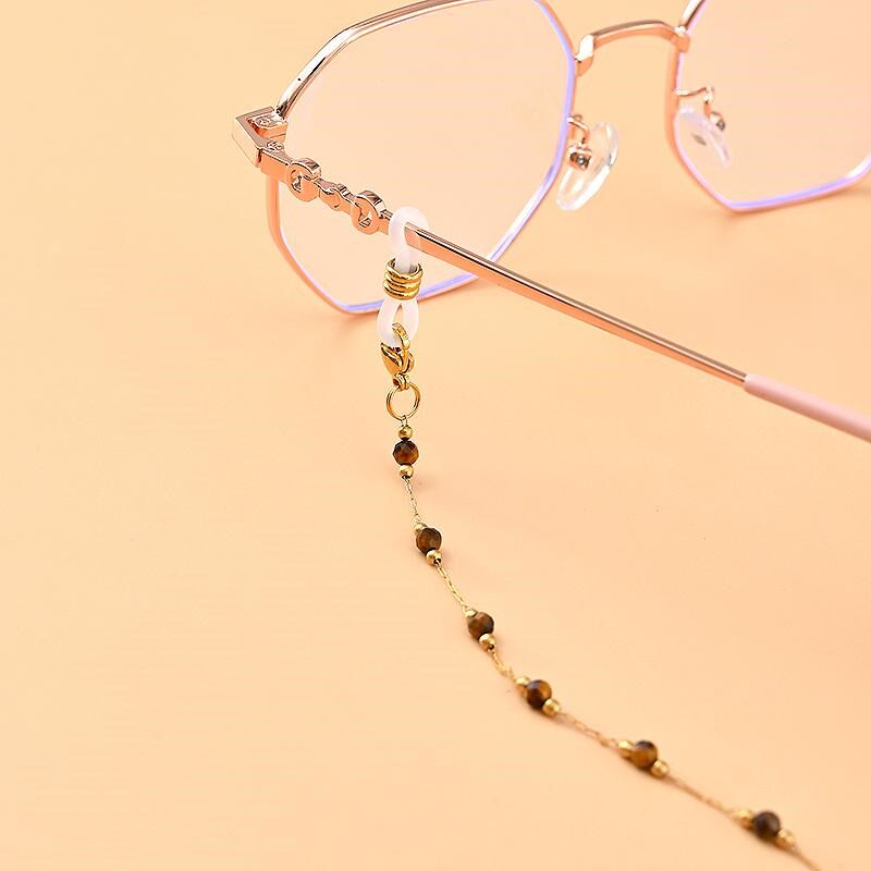 钛钢手工天然半宝石金沙石虎眼石眼E镜链女挂脖复古墨镜挂链口罩
