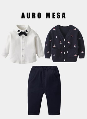 儿童学院a风三件套春秋男童绅士长袖套装白色衬衣V领开衫周岁礼服