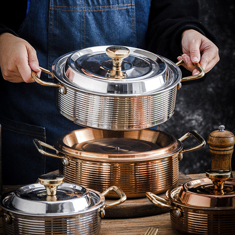 304不锈钢条纹双耳火锅家v用三层钢汤锅金银双色电磁电陶炉小火锅