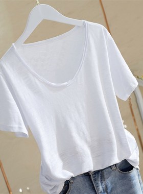 2025夏季新款韩l版纯白色短袖t恤女毛边U领竹节棉宽松显瘦半袖上