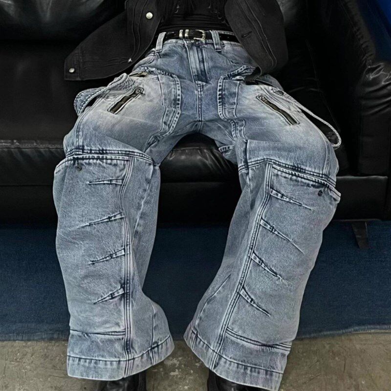大码美式街头重工解构拼接工装牛仔裤男女设计感炸V街宽松显瘦长