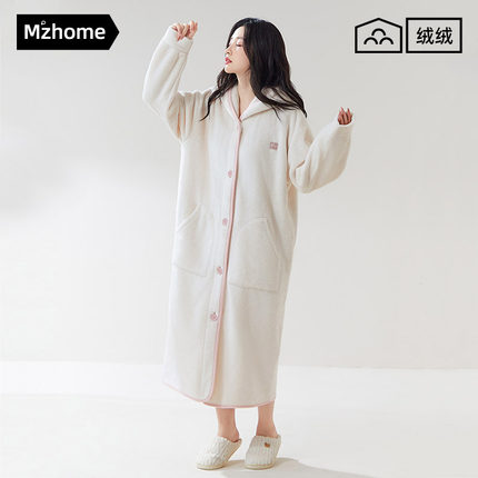 睡袍女款秋冬季加绒n加厚珊瑚绒长款连帽睡衣法兰绒白色家居服长
