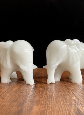 白玉吸水大象摆件一对动物客厅玄关D家居装饰品天然玉石雕刻新中
