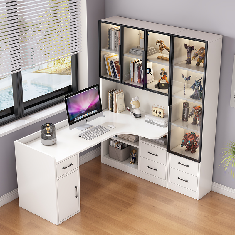 转角书桌书架一体组合实木轻奢风电脑桌家M用台式办公桌学习桌书