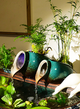 庭院造景古法养鱼流水陶罐鱼缸配件水F车装饰循环生态鱼缸景观喷