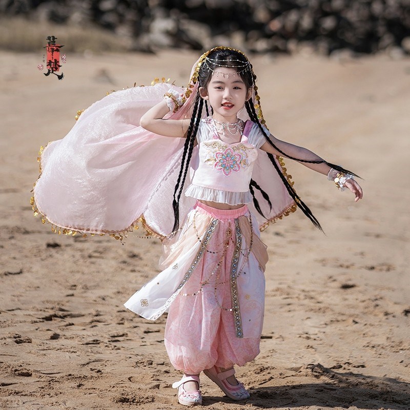 敦煌夏季儿c童飞天西域汉服女童民族演出服舞蹈表演服异域风情公