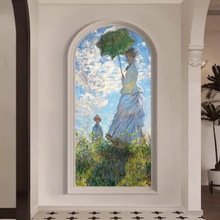拱形壁画客厅卧室墙纸艺术撑画餐厅复古伞 油画女人画玄关莫奈名