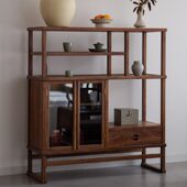 黑胡桃新中式 博古架收纳架多宝格禅意边柜展示架玻璃门实木置物