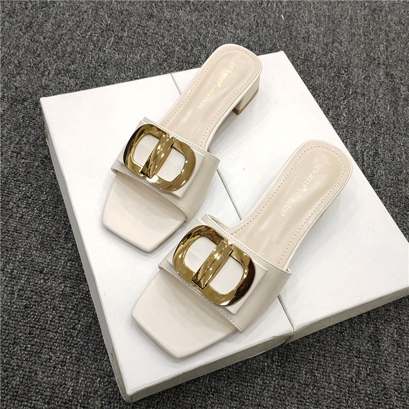 夏季高跟凉拖鞋女2023年新款网红粗跟外出露趾一字拖外穿中跟鞋拖