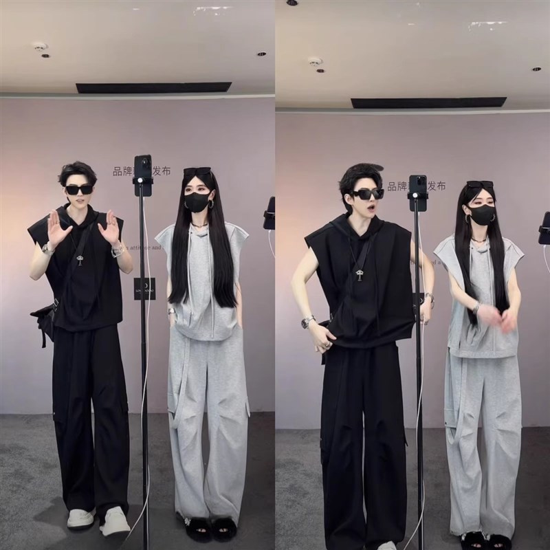 龙叨叨夏季新款潮流美式高级感简约无袖连帽卫衣宽松工装背带长裤