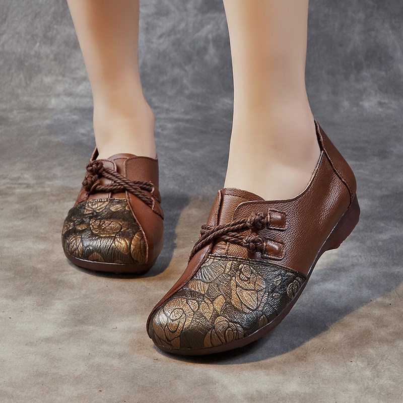 复古平底妈妈鞋秋季新款真皮软底舒适防滑单鞋民族风时尚印花女鞋